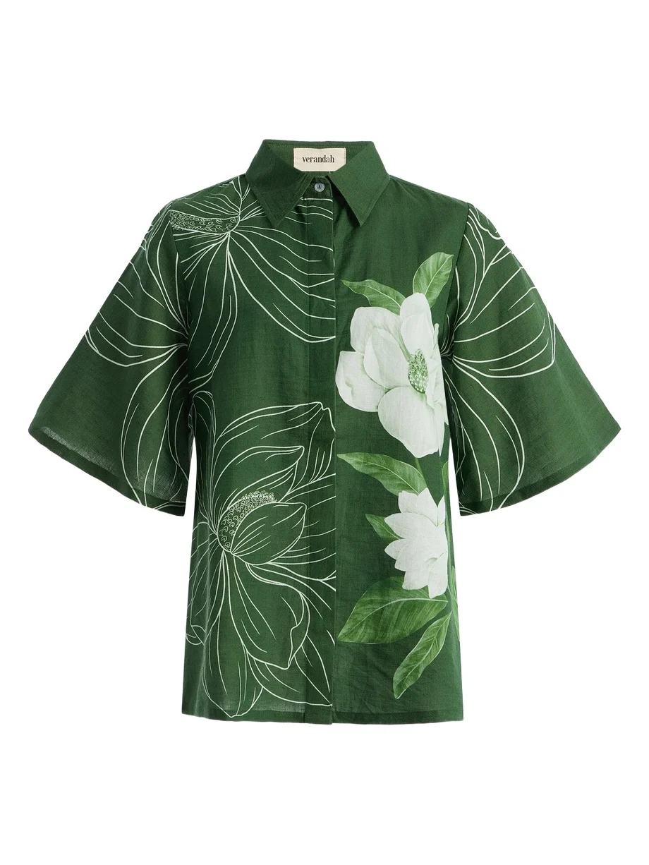 VERANDAH Bell-Sleeve Floral Linen-Cotton Shirt