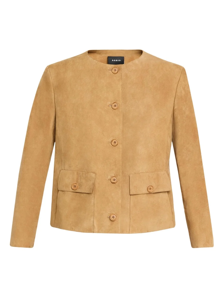 Collarless Suede Single-Breasted Jacket
