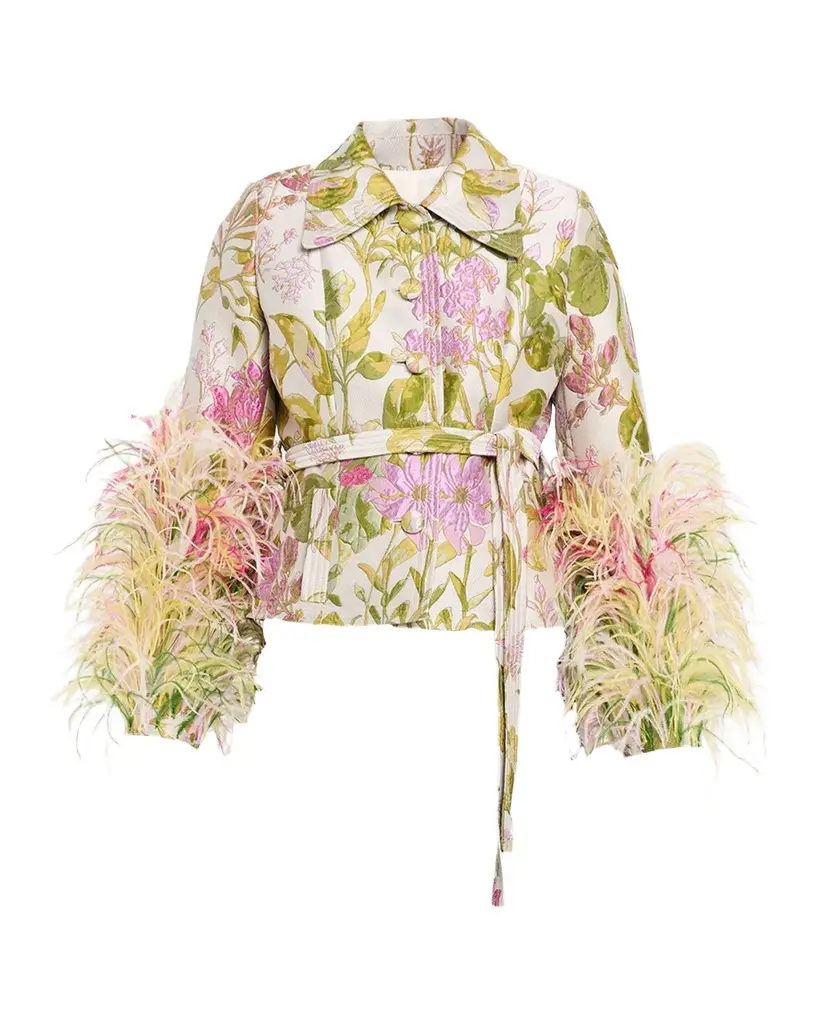 Libertine Dianthus Jacquard Feather-Trim Single-Breasted Jacket | Image 1 Libertine Dianthus Jacquard Feather-Trim Single-Breasted Jacket | Image 1