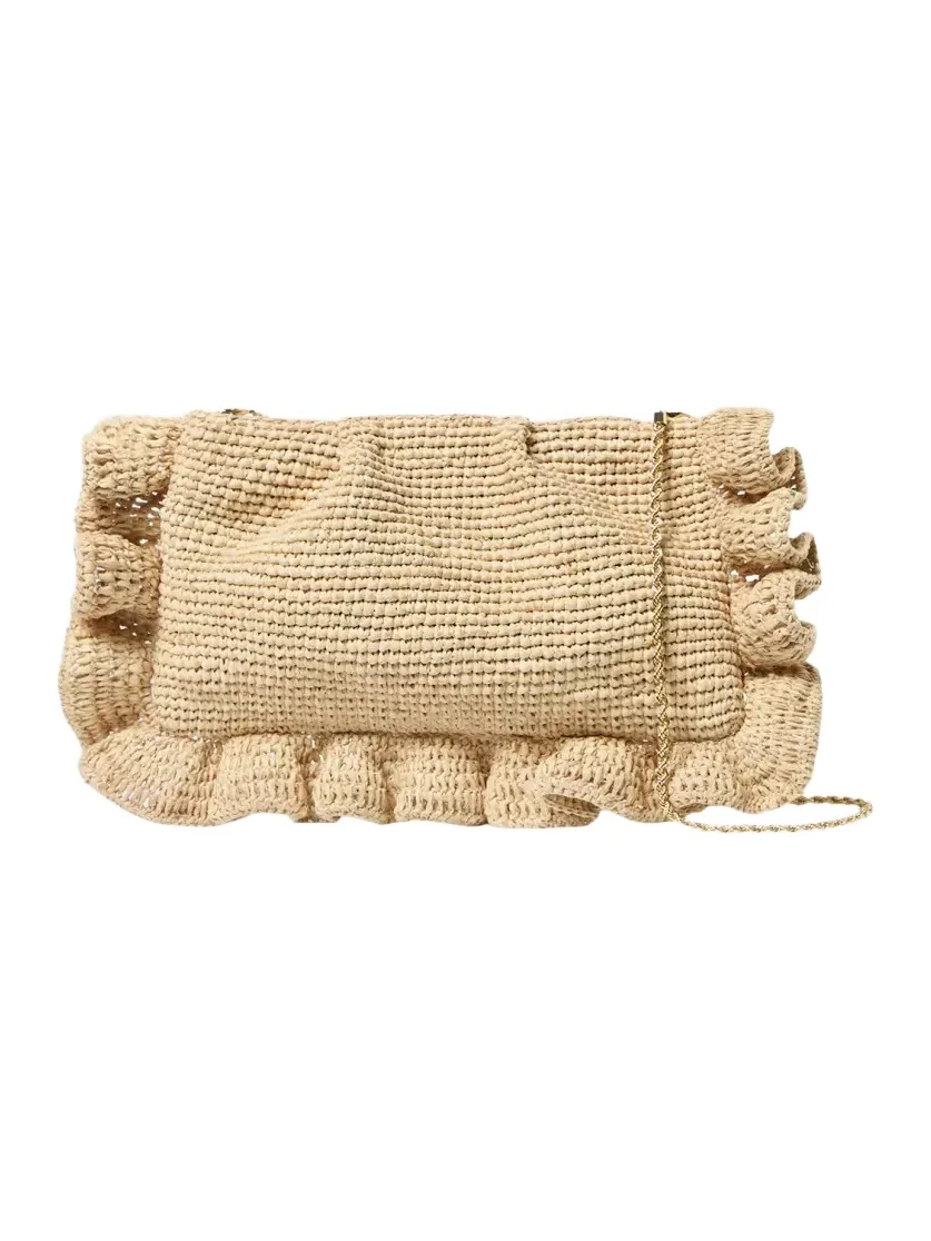 Mavis Ruffle-Trim Raffia Clutch Bag