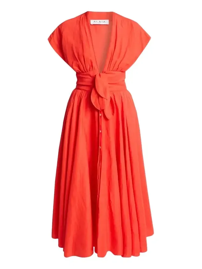 Plunging Belted Linen Midi Dress Plunging Belted Linen Midi Dress