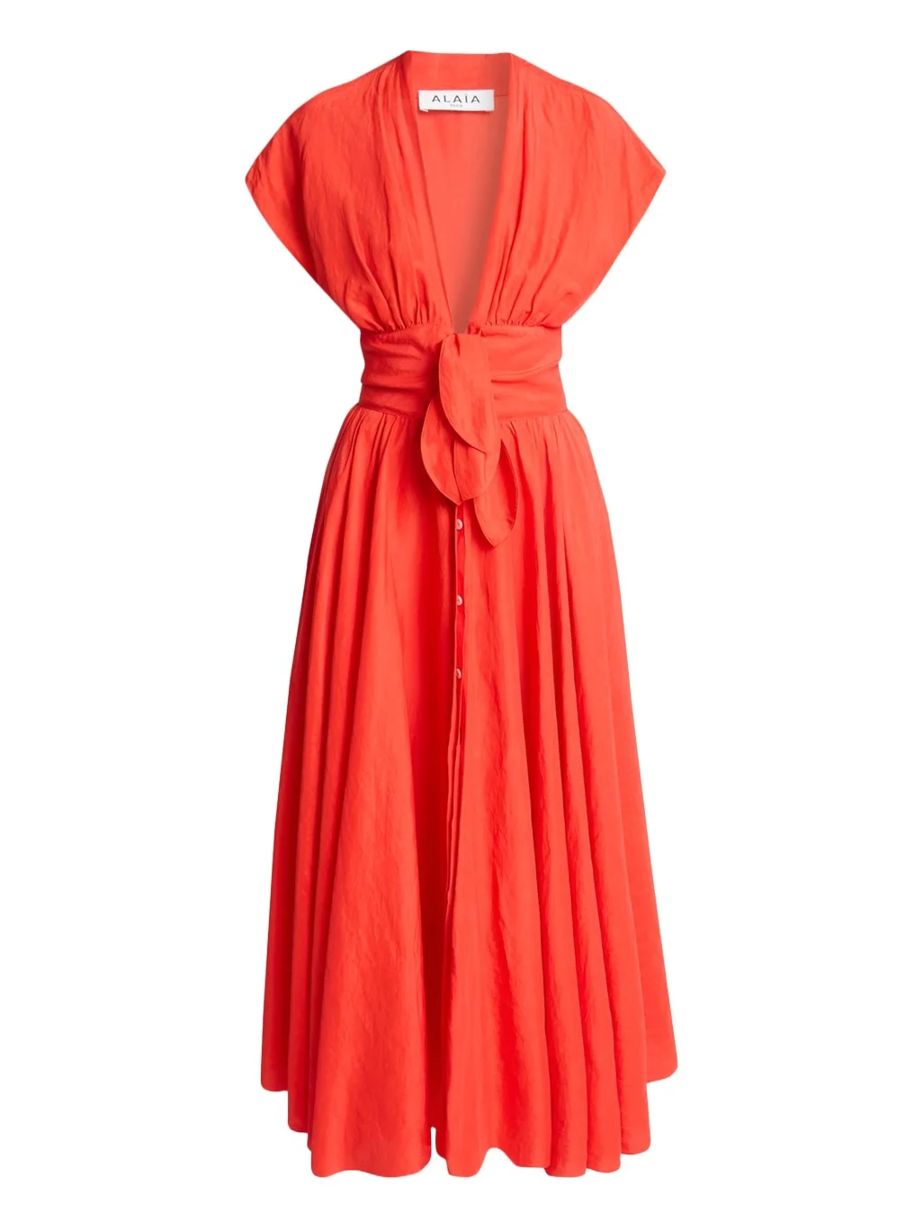 Plunging Belted Linen Midi Dress