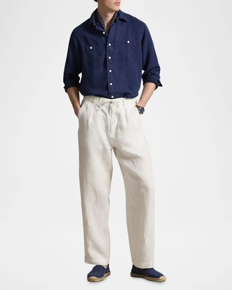 Ralph Lauren Purple Label Men's Lateef Relaxed Fit Pleated Linen Pants | Thumbnail 2