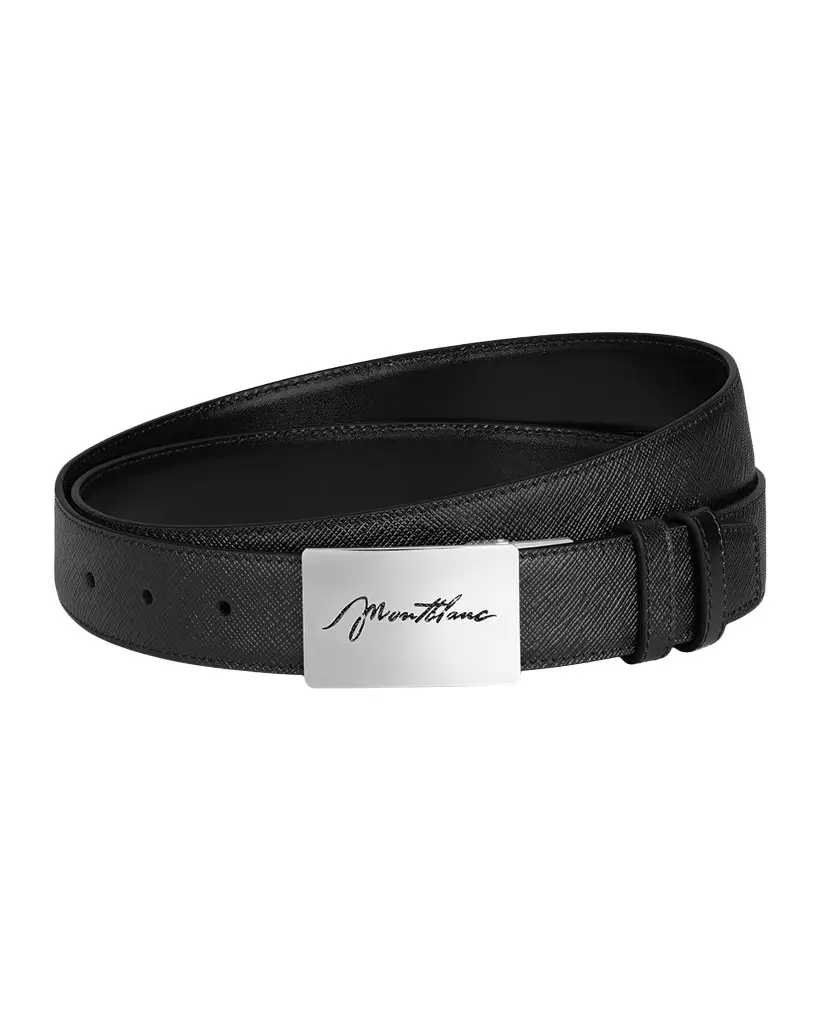 Montblanc Men's Cursive Plate-Buckle Reversible Leather Belt | Image 1 Montblanc Men's Cursive Plate-Buckle Reversible Leather Belt | Image 1