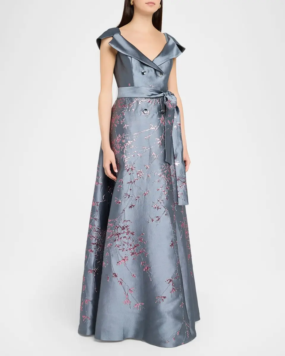 Rene Ruiz Collection Double-Breasted Metallic Jacquard Gown | Thumbnail 2 Rene Ruiz Collection Double-Breasted Metallic Jacquard Gown | Thumbnail 2