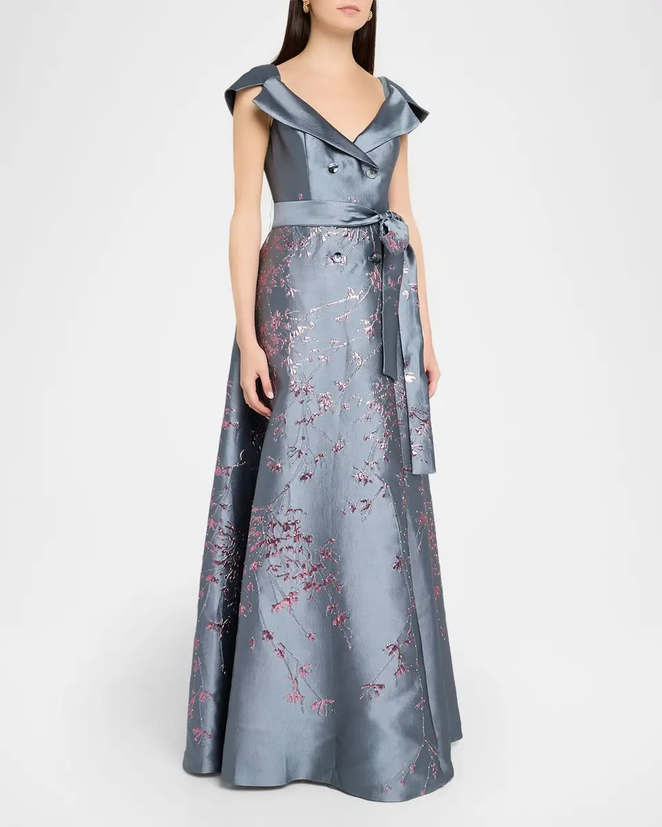 Rene Ruiz Collection Double-Breasted Metallic Jacquard Gown | Thumbnail 3 Rene Ruiz Collection Double-Breasted Metallic Jacquard Gown | Thumbnail 3
