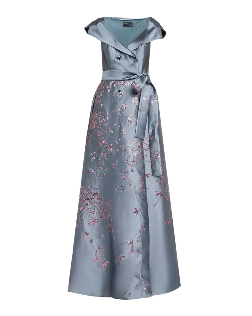 Rene Ruiz Collection Double-Breasted Metallic Jacquard Gown