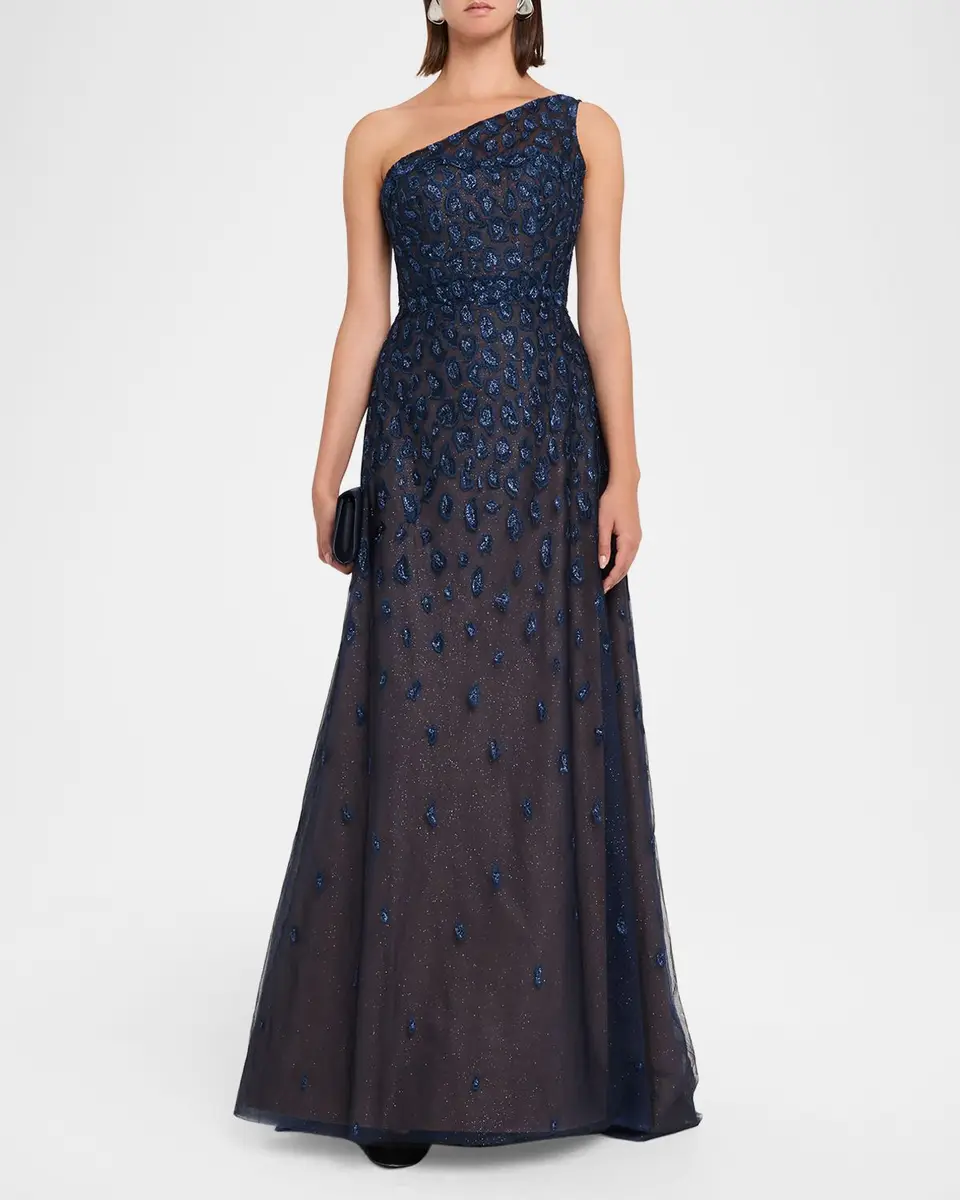 Rene Ruiz Collection Metallic Embroidered One-Shoulder Gown | Thumbnail 2 Rene Ruiz Collection Metallic Embroidered One-Shoulder Gown | Thumbnail 2