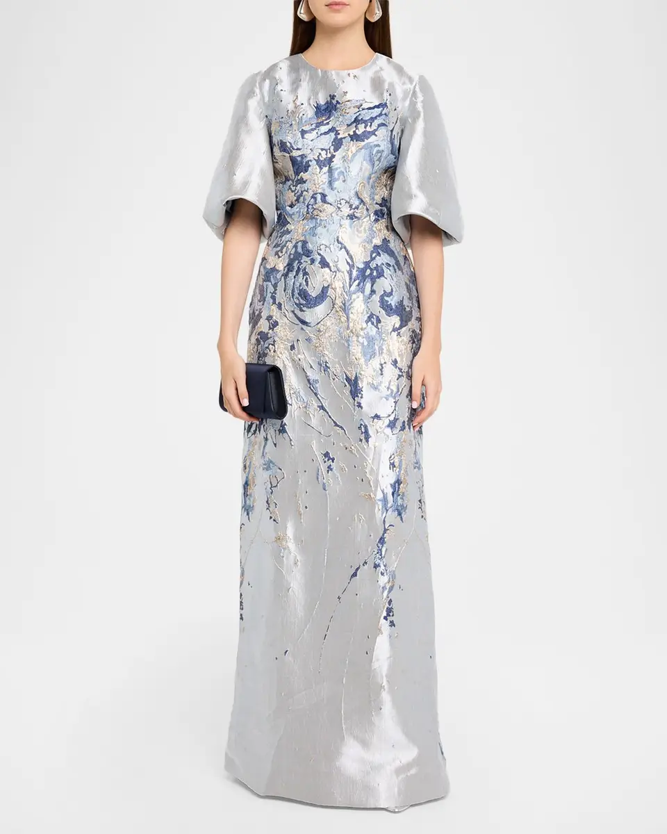 Rene Ruiz Collection Metallic Brocade Puff-Sleeve Column Gown | Thumbnail 2 Rene Ruiz Collection Metallic Brocade Puff-Sleeve Column Gown | Thumbnail 2