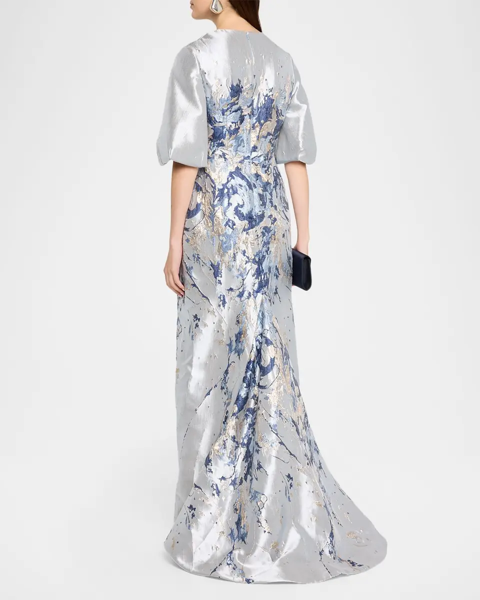 Rene Ruiz Collection Metallic Brocade Puff-Sleeve Column Gown | Thumbnail 3 Rene Ruiz Collection Metallic Brocade Puff-Sleeve Column Gown | Thumbnail 3