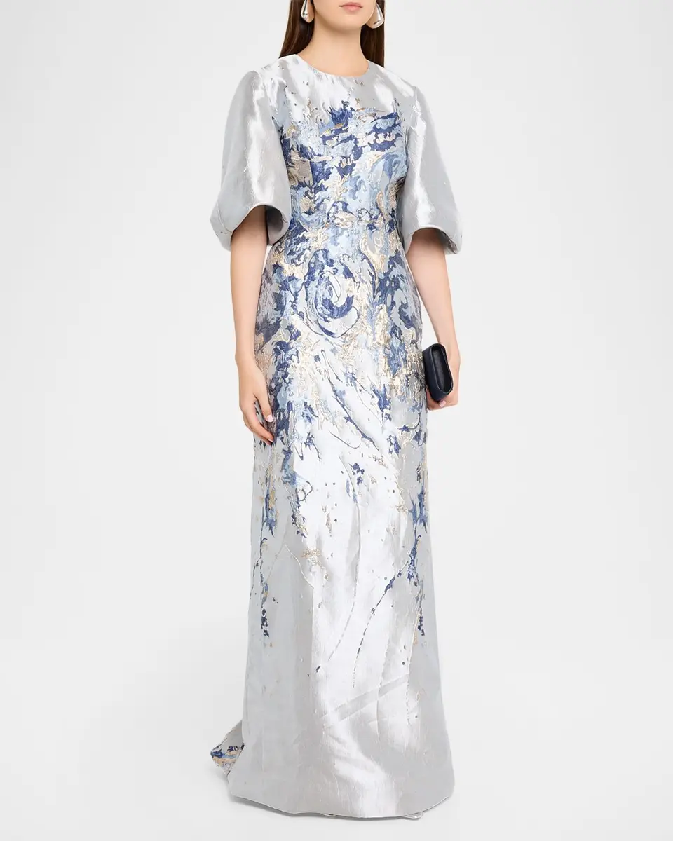 Rene Ruiz Collection Metallic Brocade Puff-Sleeve Column Gown | Thumbnail 4 Rene Ruiz Collection Metallic Brocade Puff-Sleeve Column Gown | Thumbnail 4