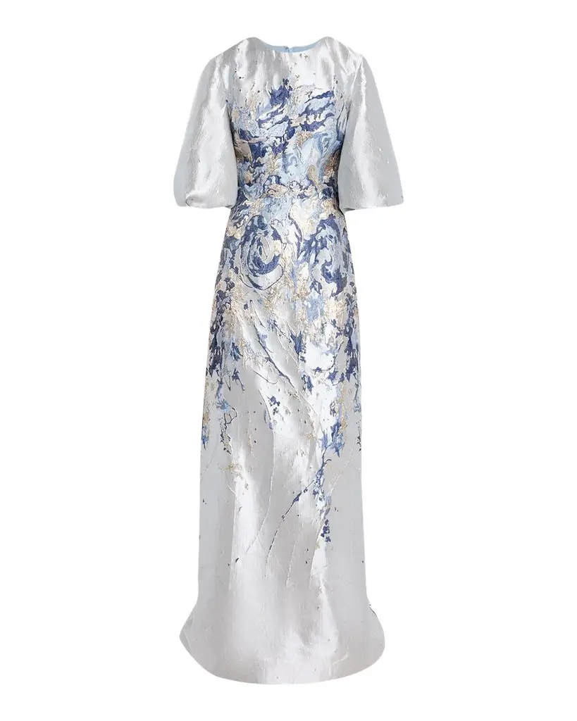 Rene Ruiz Collection Metallic Brocade Puff-Sleeve Column Gown | Image 1 Rene Ruiz Collection Metallic Brocade Puff-Sleeve Column Gown | Image 1