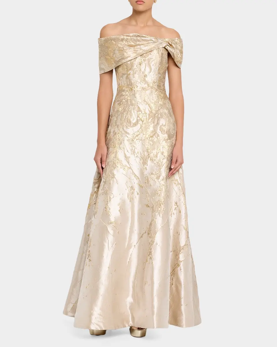Rene Ruiz Collection Off-Shoulder Metallic Jacquard Gown | Thumbnail 2 Rene Ruiz Collection Off-Shoulder Metallic Jacquard Gown | Thumbnail 2
