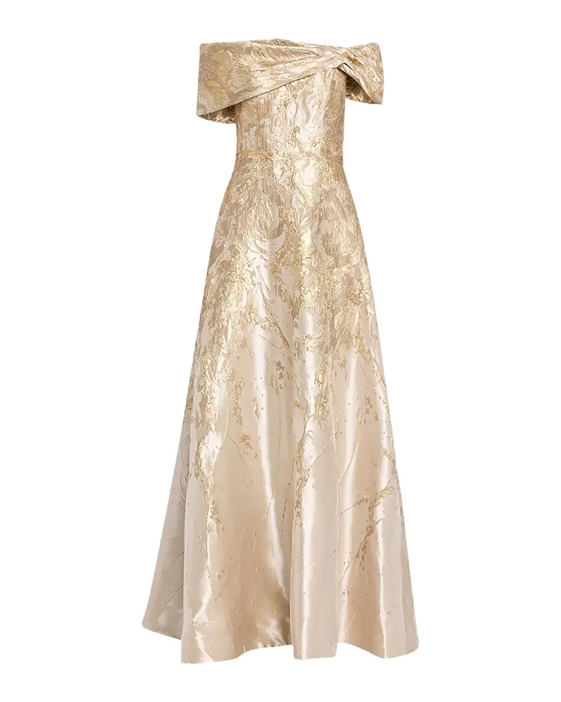 Rene Ruiz Collection Off-Shoulder Metallic Jacquard Gown | Image 1 Rene Ruiz Collection Off-Shoulder Metallic Jacquard Gown | Image 1