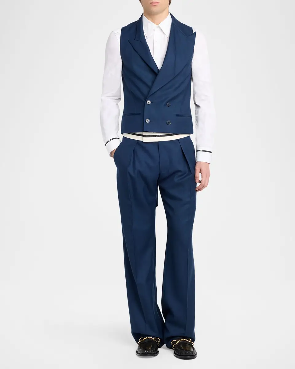 Alexander McQueen Men's Wool Stripe-Waistband Wide-Leg Pleated Trousers | Thumbnail 2 Alexander McQueen Men's Wool Stripe-Waistband Wide-Leg Pleated Trousers | Thumbnail 2
