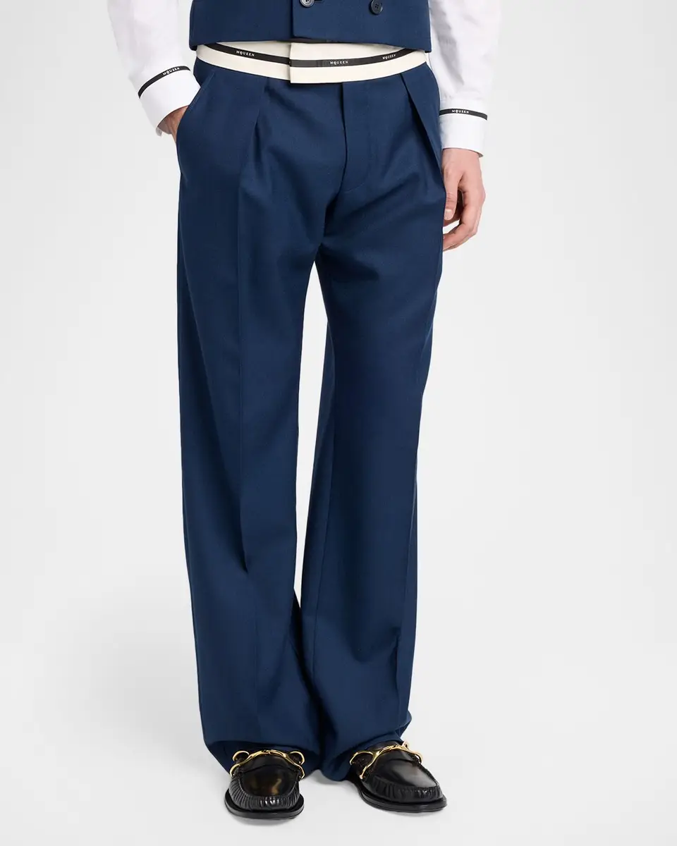 Alexander McQueen Men's Wool Stripe-Waistband Wide-Leg Pleated Trousers | Thumbnail 4 Alexander McQueen Men's Wool Stripe-Waistband Wide-Leg Pleated Trousers | Thumbnail 4
