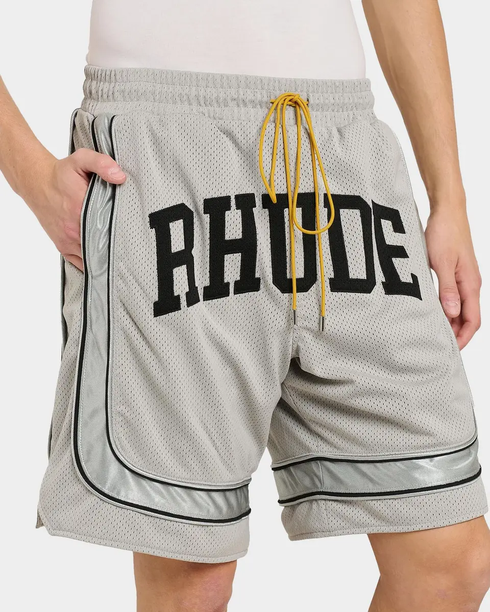 Rhude Men's Baggy Mesh Collegiate Logo Drawstring Shorts | Thumbnail 4 Rhude Men's Baggy Mesh Collegiate Logo Drawstring Shorts | Thumbnail 4