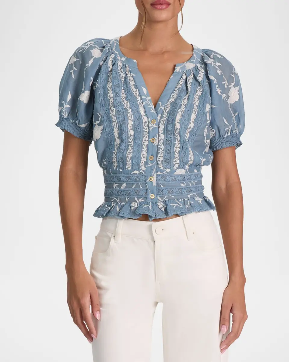 Alice + Olivia Kathryn Embroidered Short-Sleeve Blouse | Thumbnail 4