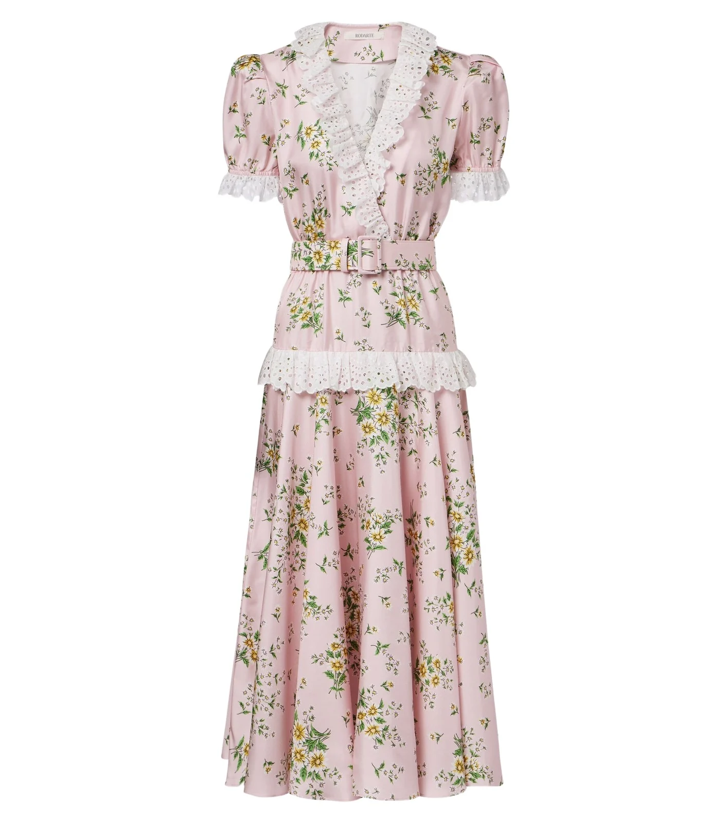 Belted floral silk twill midi dress