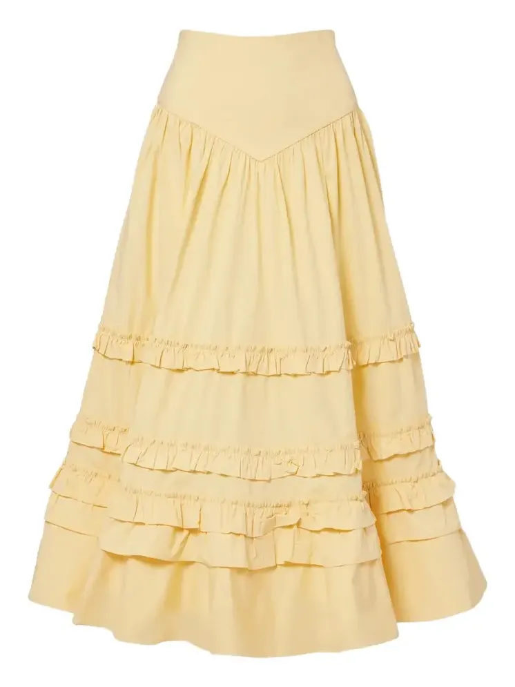 Ruffled shirred tiered cotton-blend midi skirt