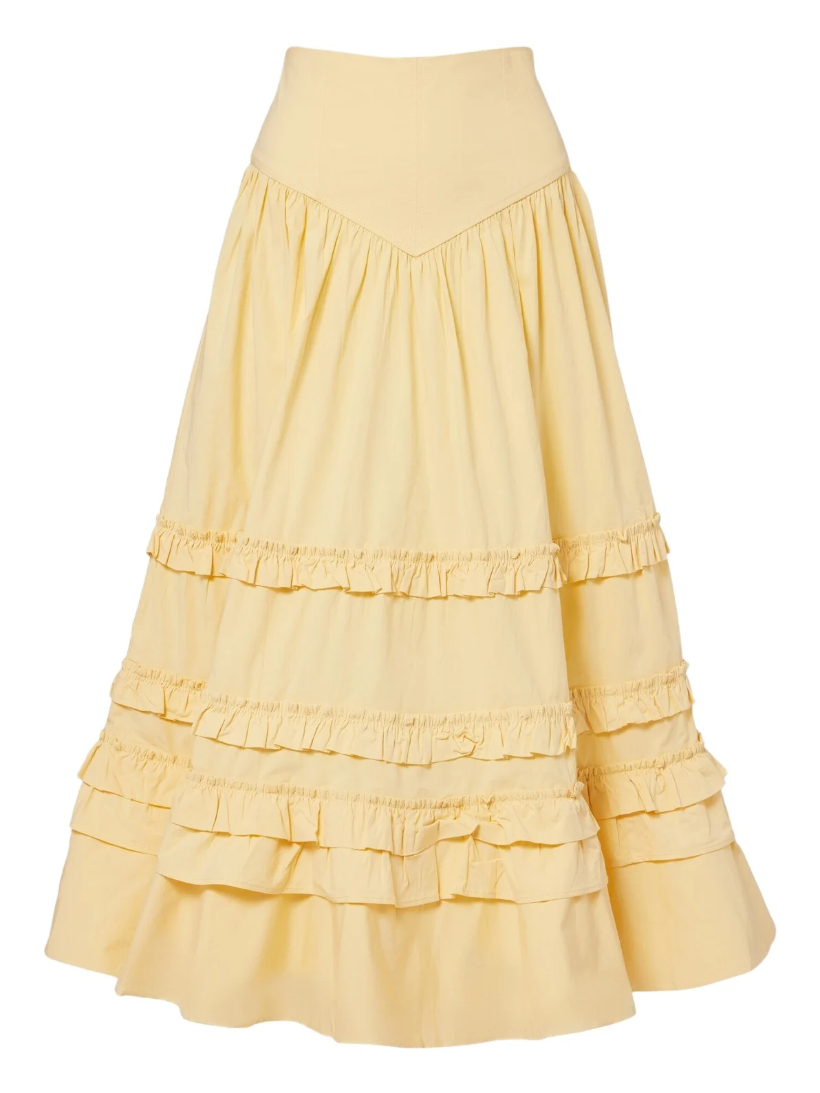 Ruffled shirred tiered cotton-blend midi skirt