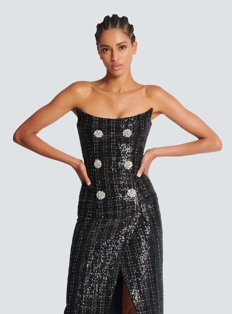 Balmain Strapless Long Tweed Dress with Glitter | Thumbnail 5