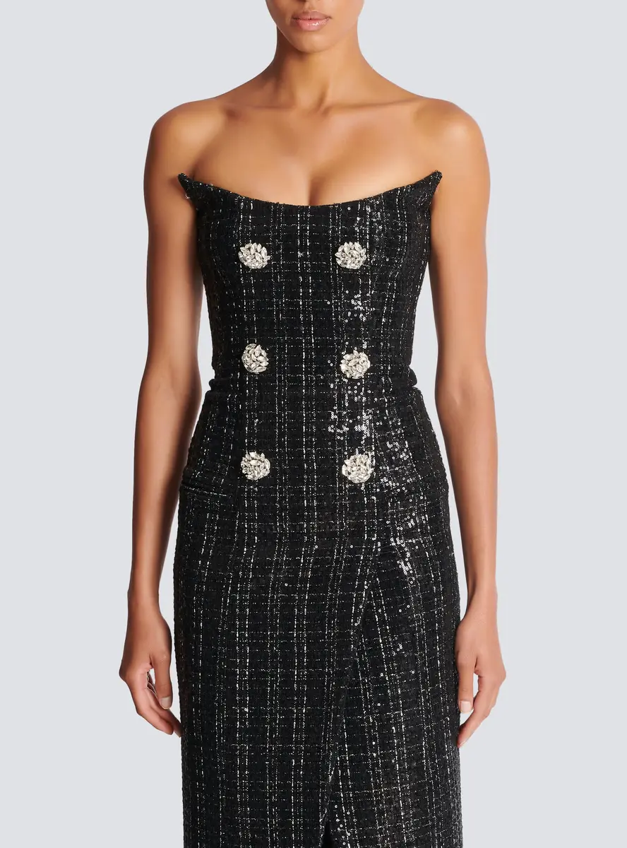 Balmain Strapless Long Tweed Dress with Glitter | Thumbnail 7