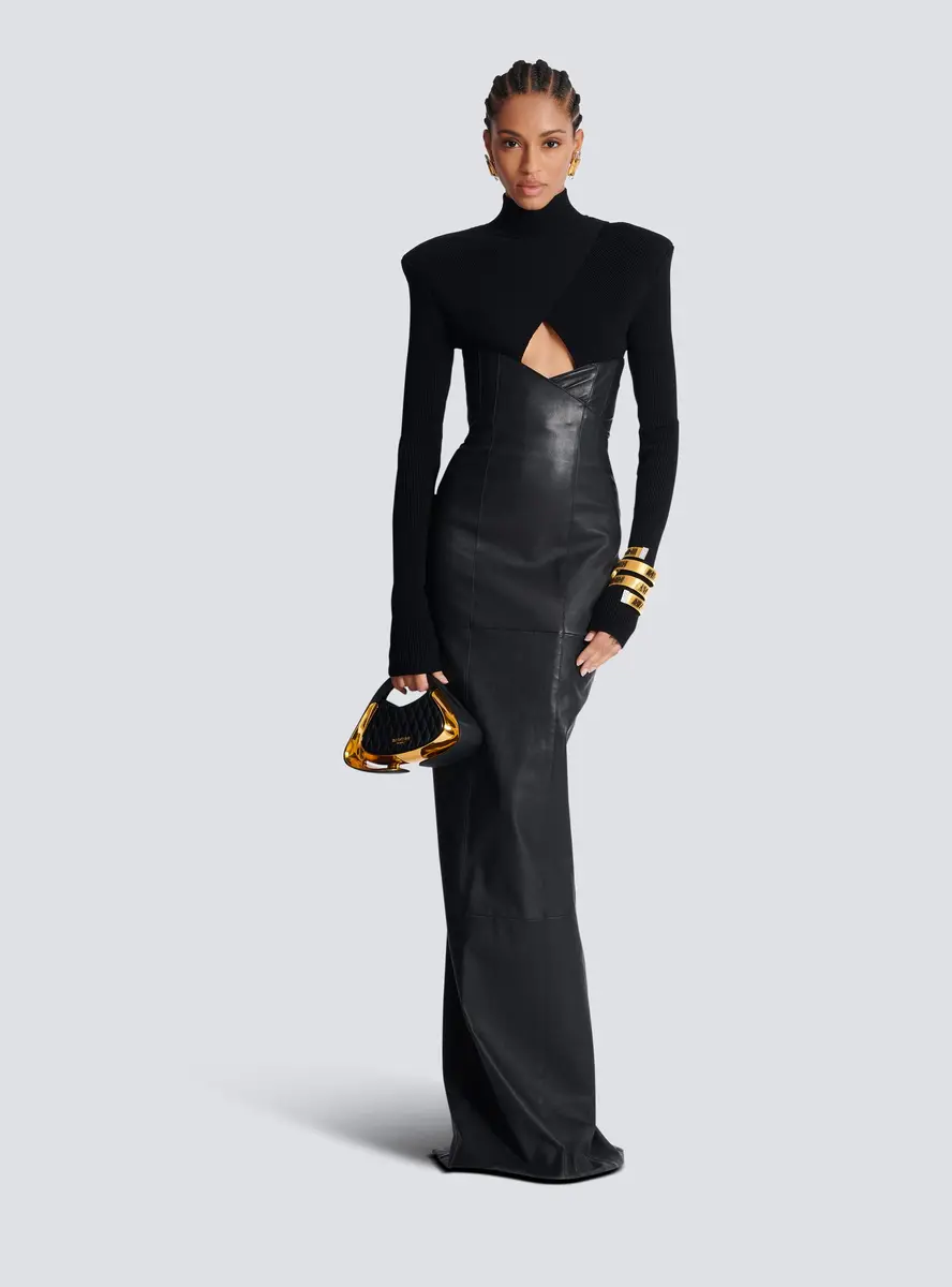Balmain Long knit and lambskin leather dress | Thumbnail 2 Balmain Long knit and lambskin leather dress | Thumbnail 2