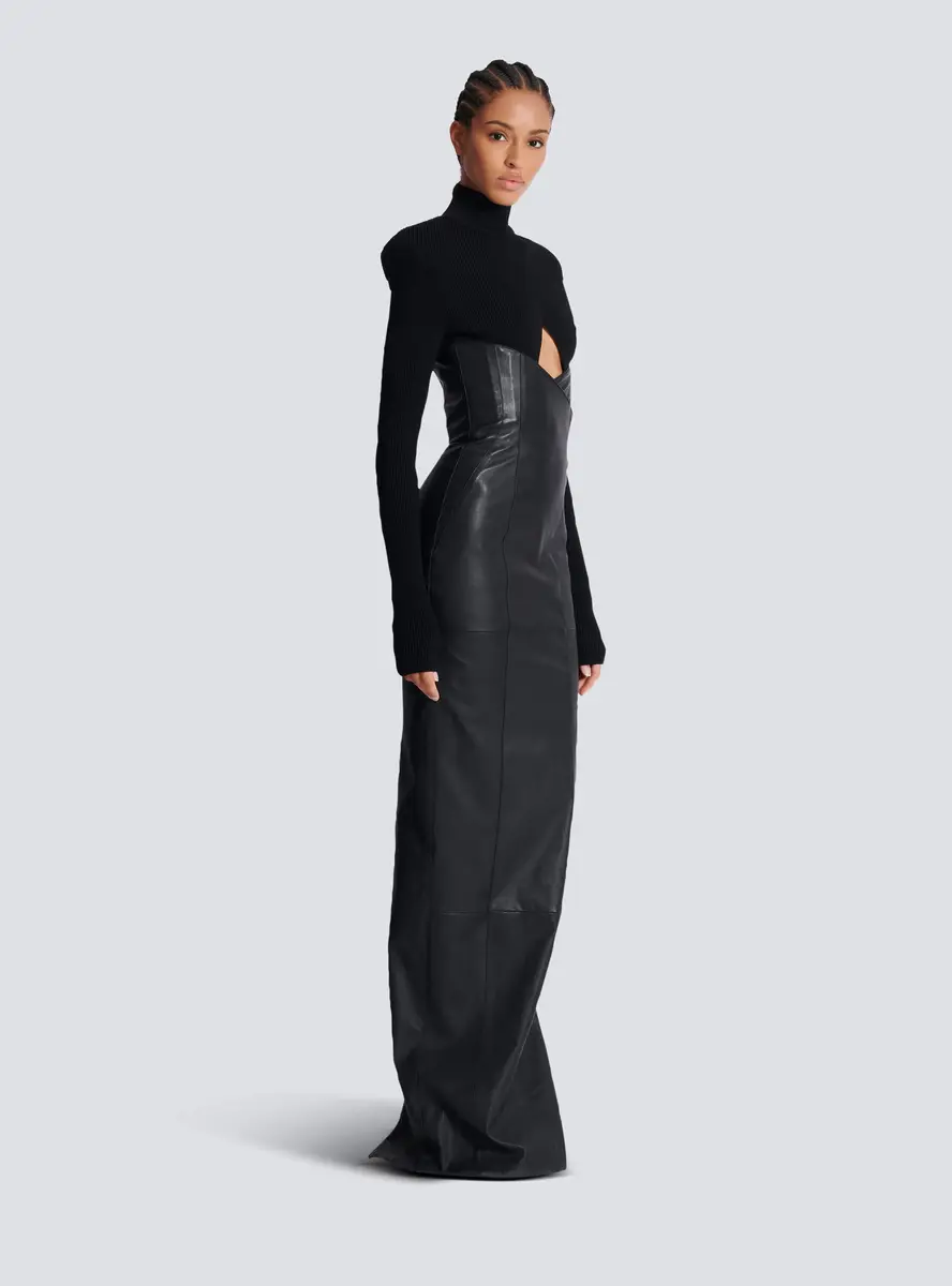 Balmain Long knit and lambskin leather dress | Thumbnail 3 Balmain Long knit and lambskin leather dress | Thumbnail 3
