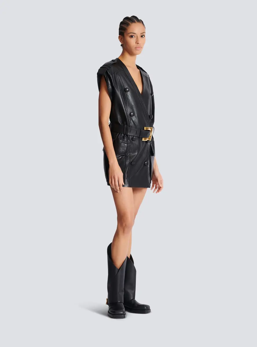 Balmain Lambskin leather short belted dress | Thumbnail 3 Balmain Lambskin leather short belted dress | Thumbnail 3