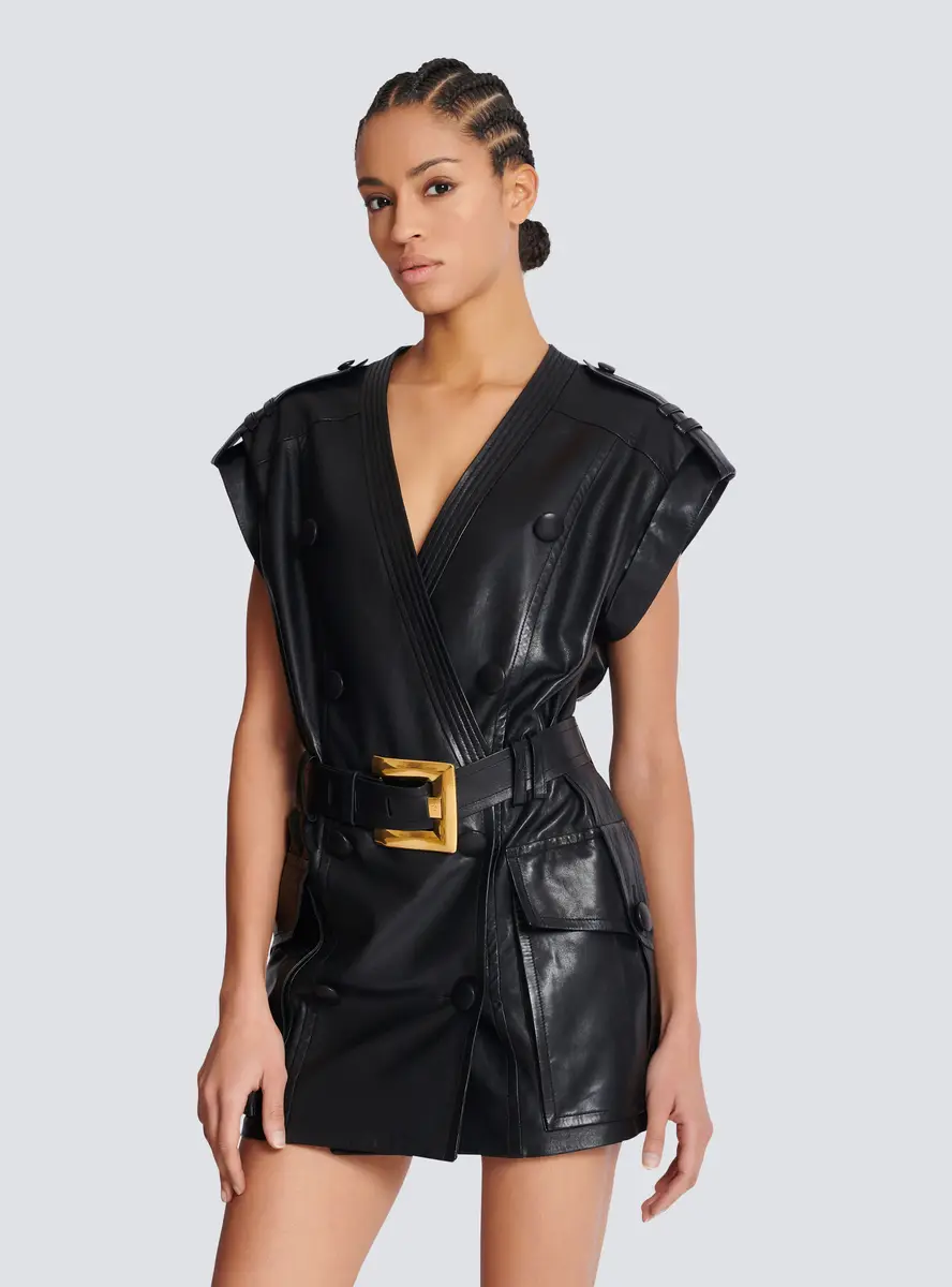 Balmain Lambskin leather short belted dress | Thumbnail 5 Balmain Lambskin leather short belted dress | Thumbnail 5
