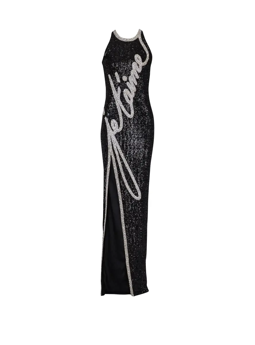 Balmain Long "Love Letter" embroidered sequin dress