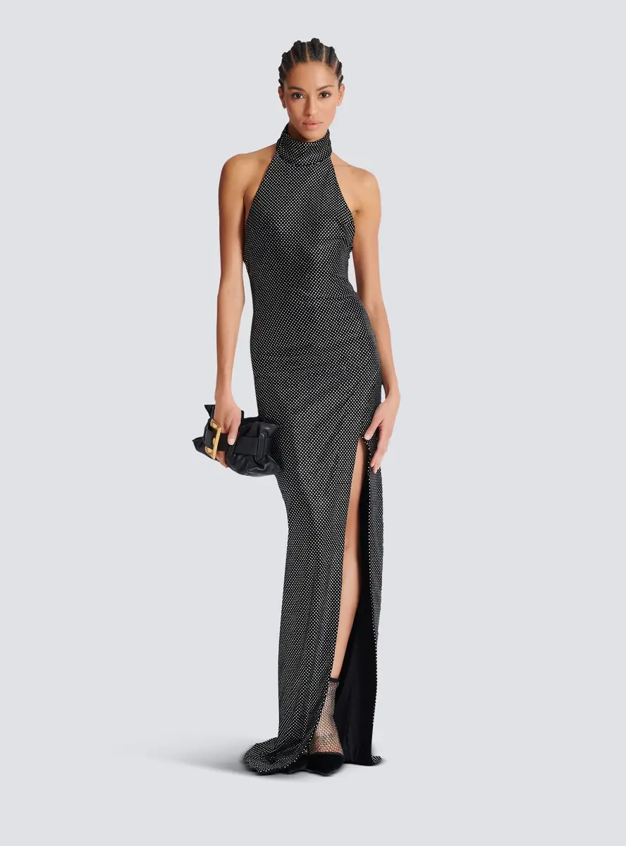 Balmain Long velvet halterneck dress with rhinestones | Thumbnail 2 Balmain Long velvet halterneck dress with rhinestones | Thumbnail 2