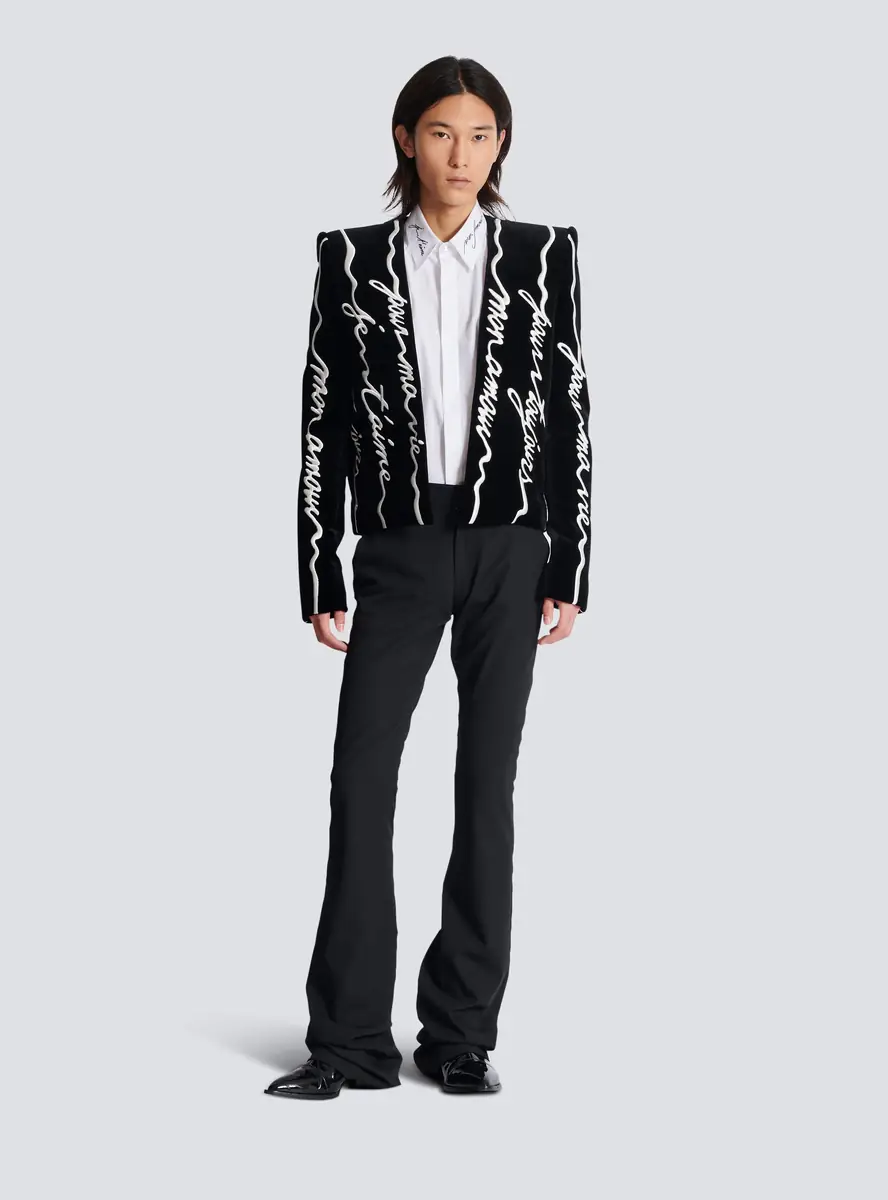 Balmain Cropped velvet jacket with all-over "Love Letter" embroidery | Thumbnail 2 Balmain Cropped velvet jacket with all-over "Love Letter" embroidery | Thumbnail 2