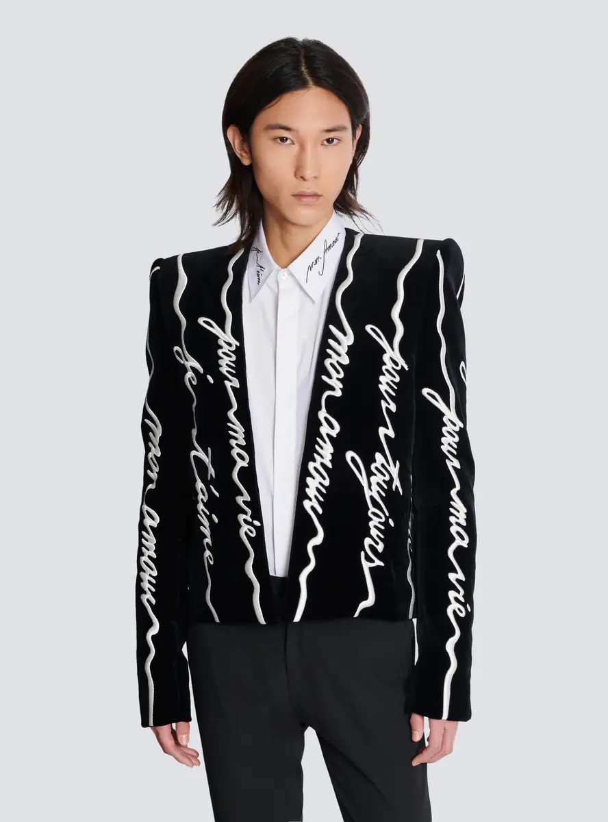Balmain Cropped velvet jacket with all-over "Love Letter" embroidery | Thumbnail 6 Balmain Cropped velvet jacket with all-over "Love Letter" embroidery | Thumbnail 6