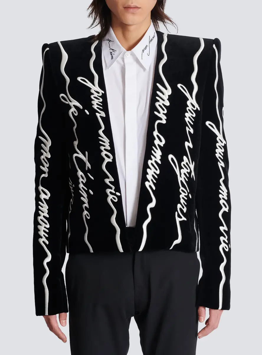 Balmain Cropped velvet jacket with all-over "Love Letter" embroidery | Thumbnail 8 Balmain Cropped velvet jacket with all-over "Love Letter" embroidery | Thumbnail 8