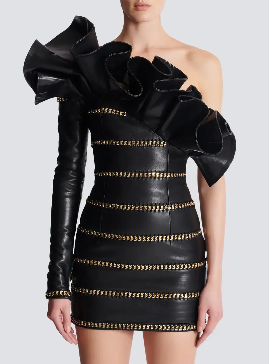 Balmain Asymmetric leather bodycon dress with chains | Thumbnail 8 Balmain Asymmetric leather bodycon dress with chains | Thumbnail 8