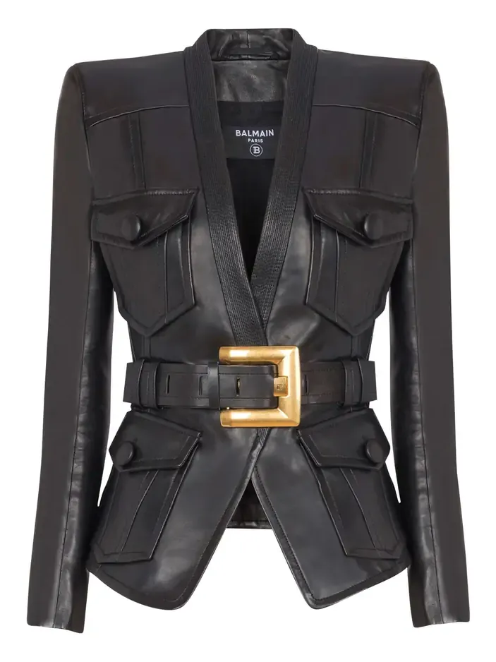 Balmain 1-button belted leather jacket