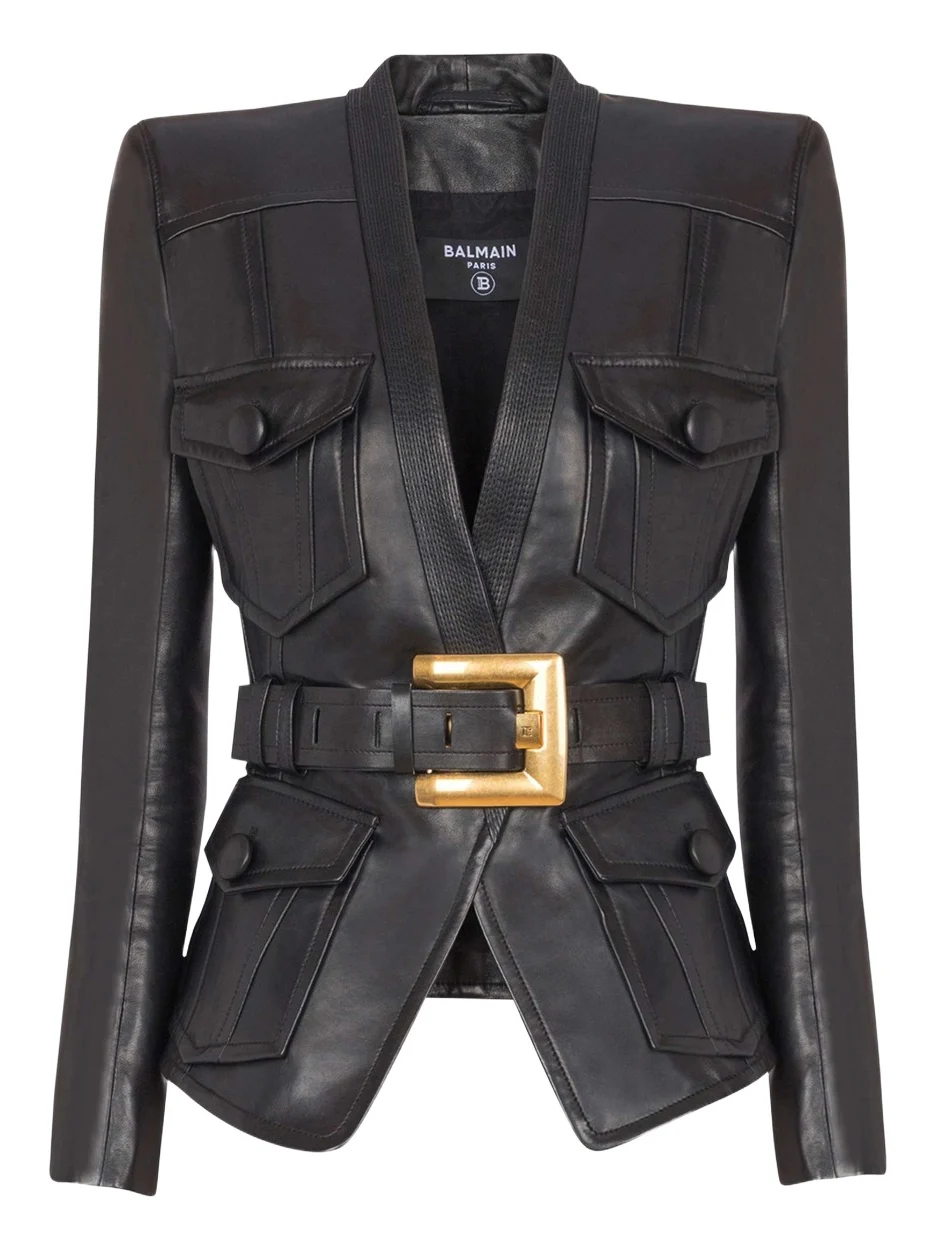 1-button belted leather jacket