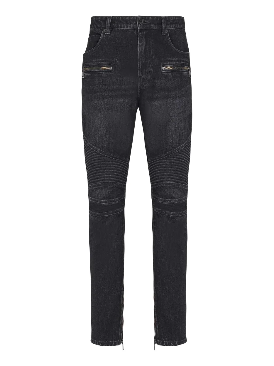 Biker jeans in black vintage denim Biker jeans in black vintage denim
