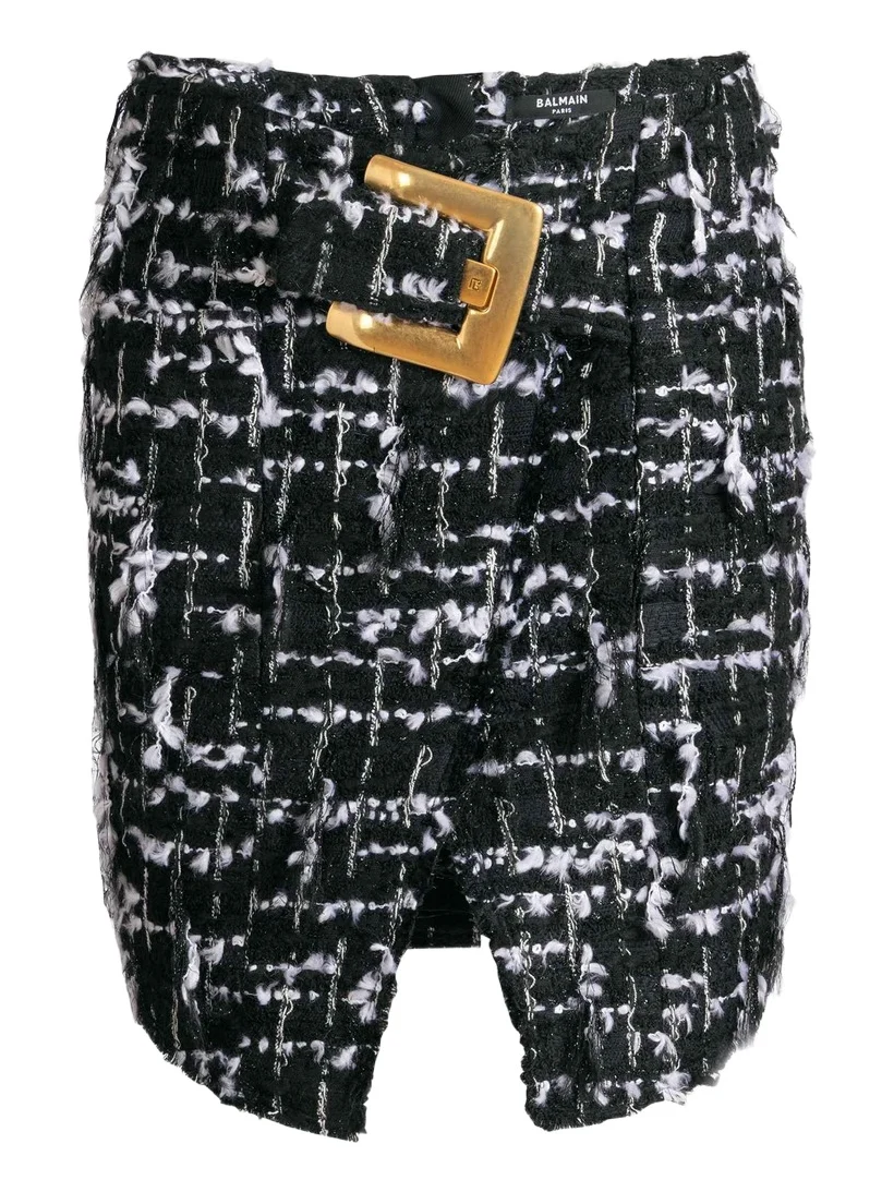 Belted fringed tweed skirt