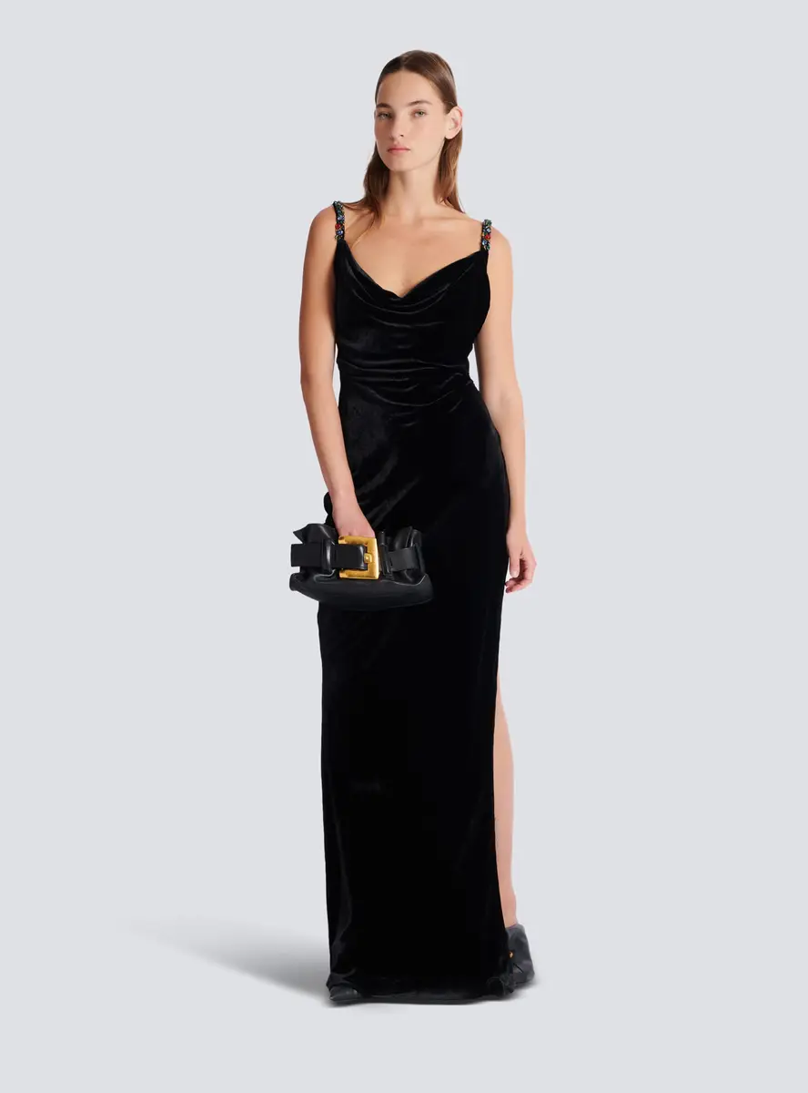 Balmain Long velvet dress with embellished straps | Thumbnail 2 Balmain Long velvet dress with embellished straps | Thumbnail 2