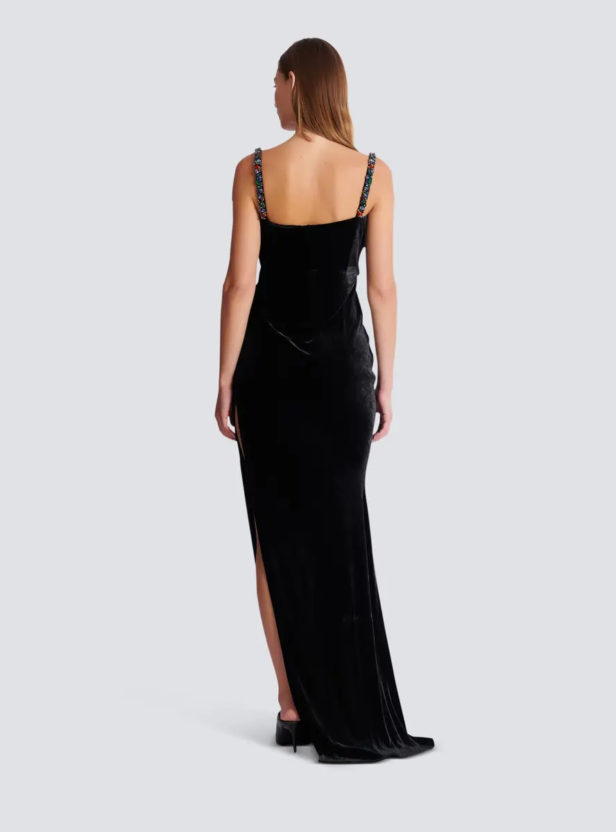 Balmain Long velvet dress with embellished straps | Thumbnail 4 Balmain Long velvet dress with embellished straps | Thumbnail 4