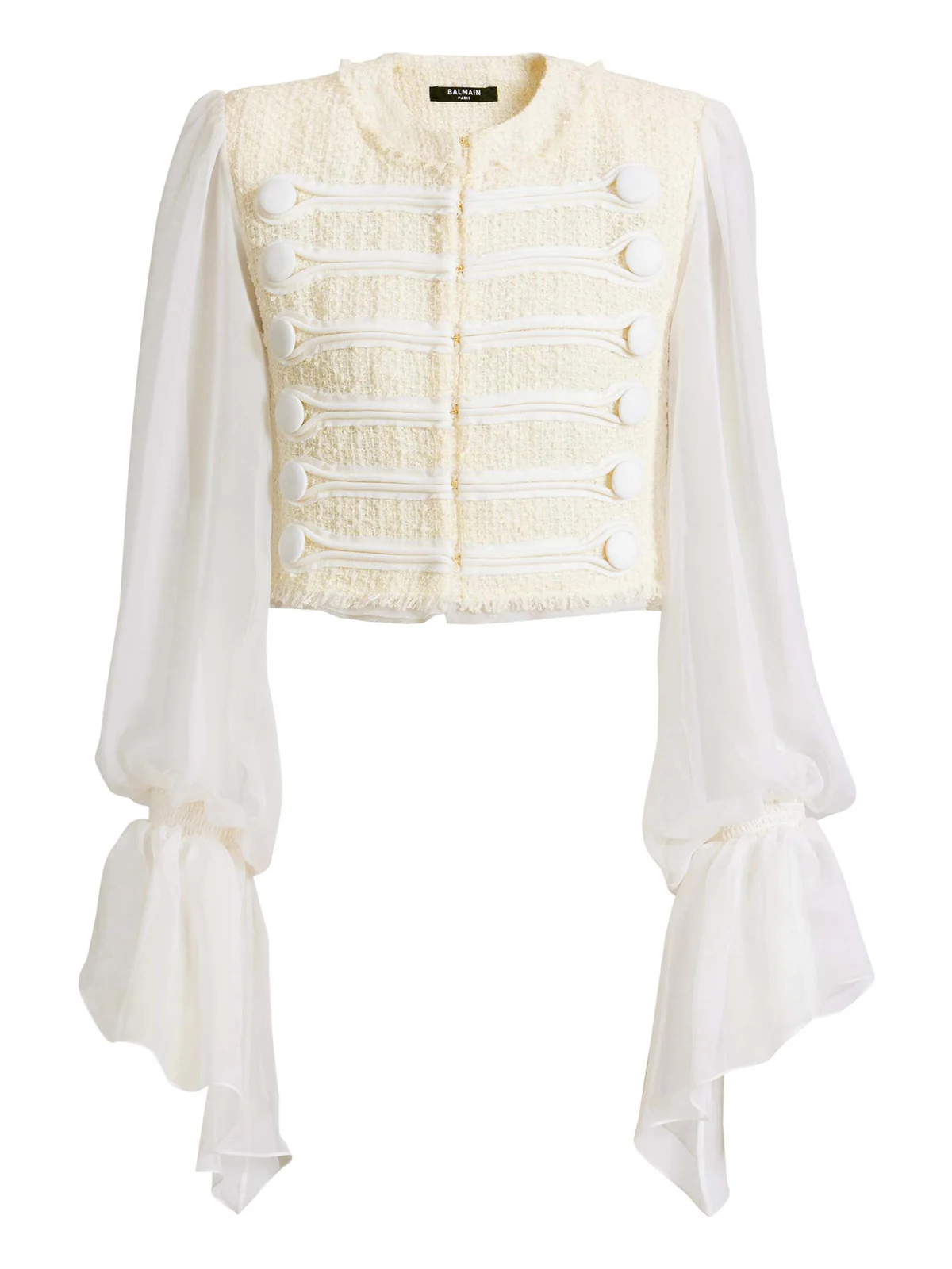 Cropped tweed and muslin jacket with frogging
