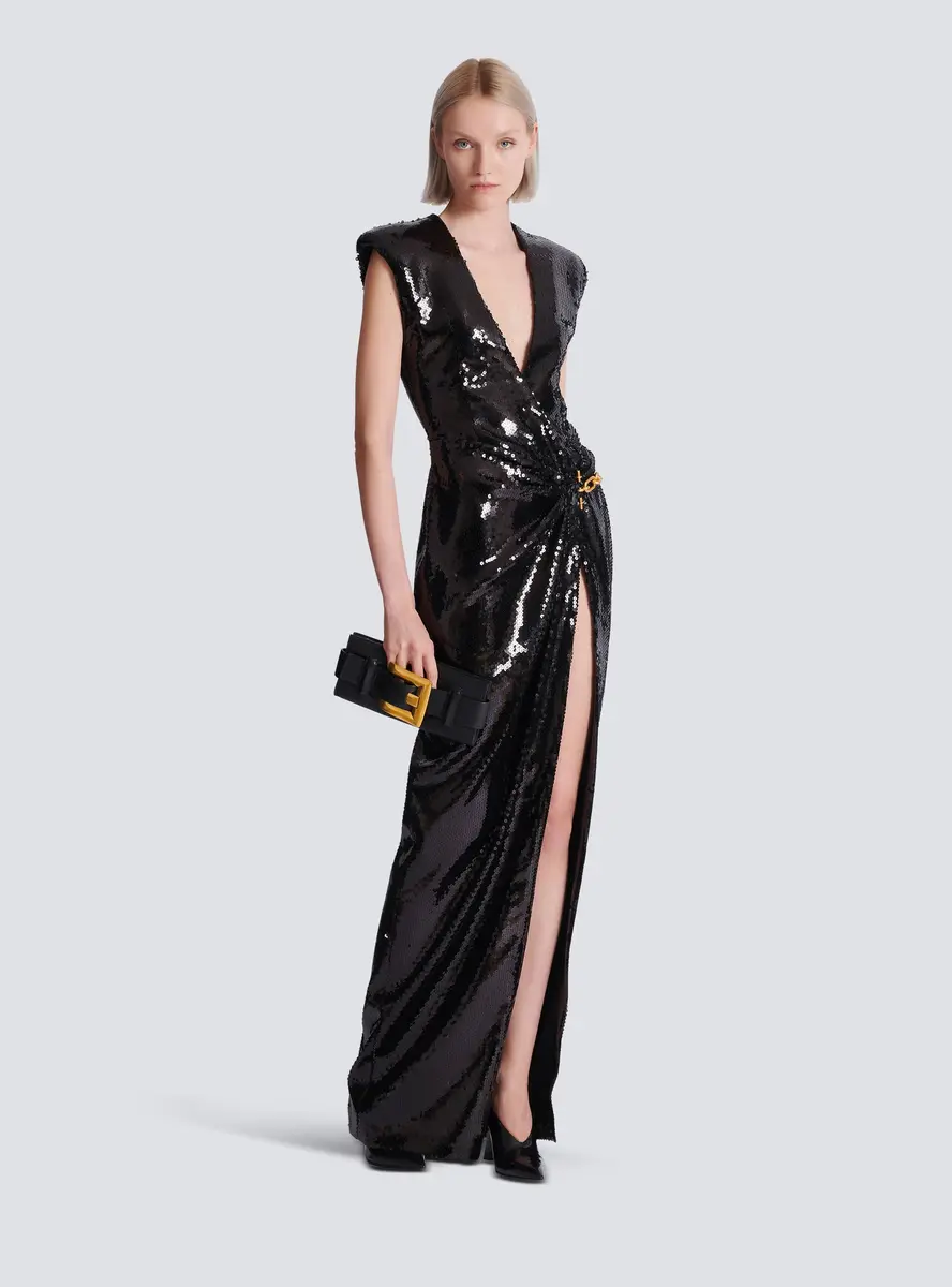 Balmain Long draped sequin dress with embellished detail | Thumbnail 2 Balmain Long draped sequin dress with embellished detail | Thumbnail 2