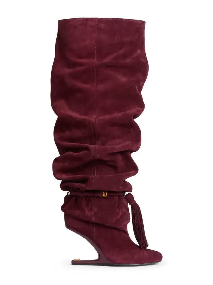 Balmain No Wedge suede leather thigh-high boots with tassel
