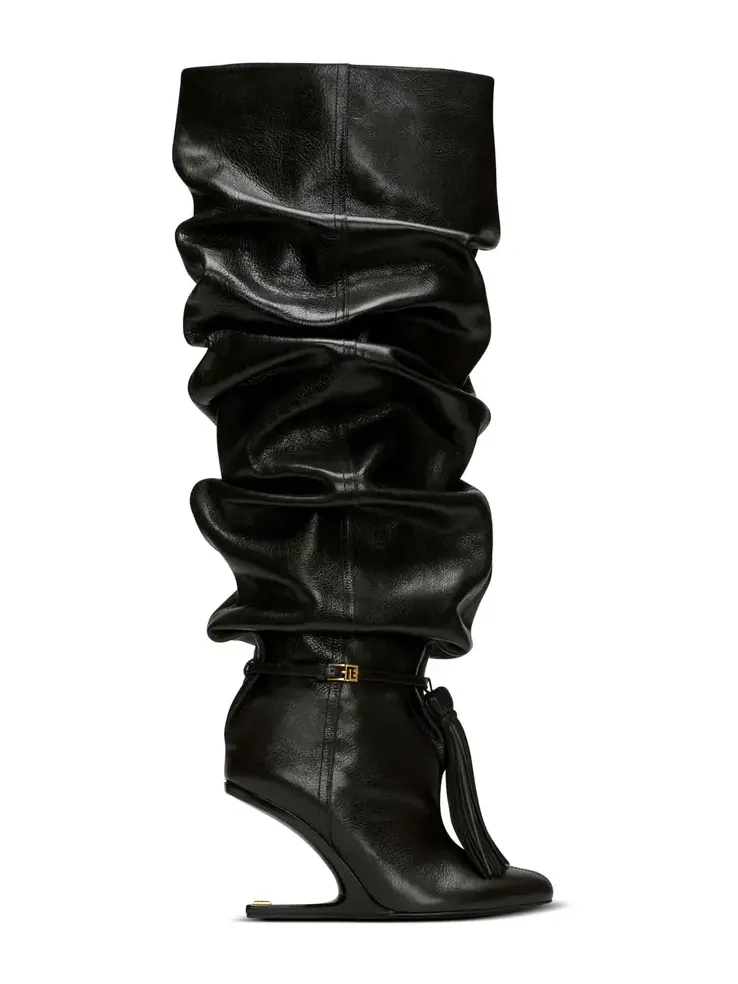No Wedge textured leather thigh-high boots with tassel