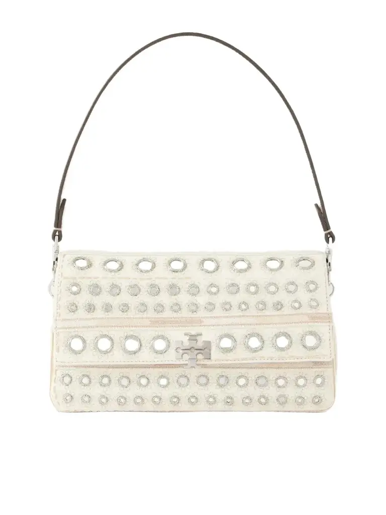 Tory Burch Charlie Embellished Embroidered Canvas Shoulder Bag | Image 1 Tory Burch Charlie Embellished Embroidered Canvas Shoulder Bag | Image 1