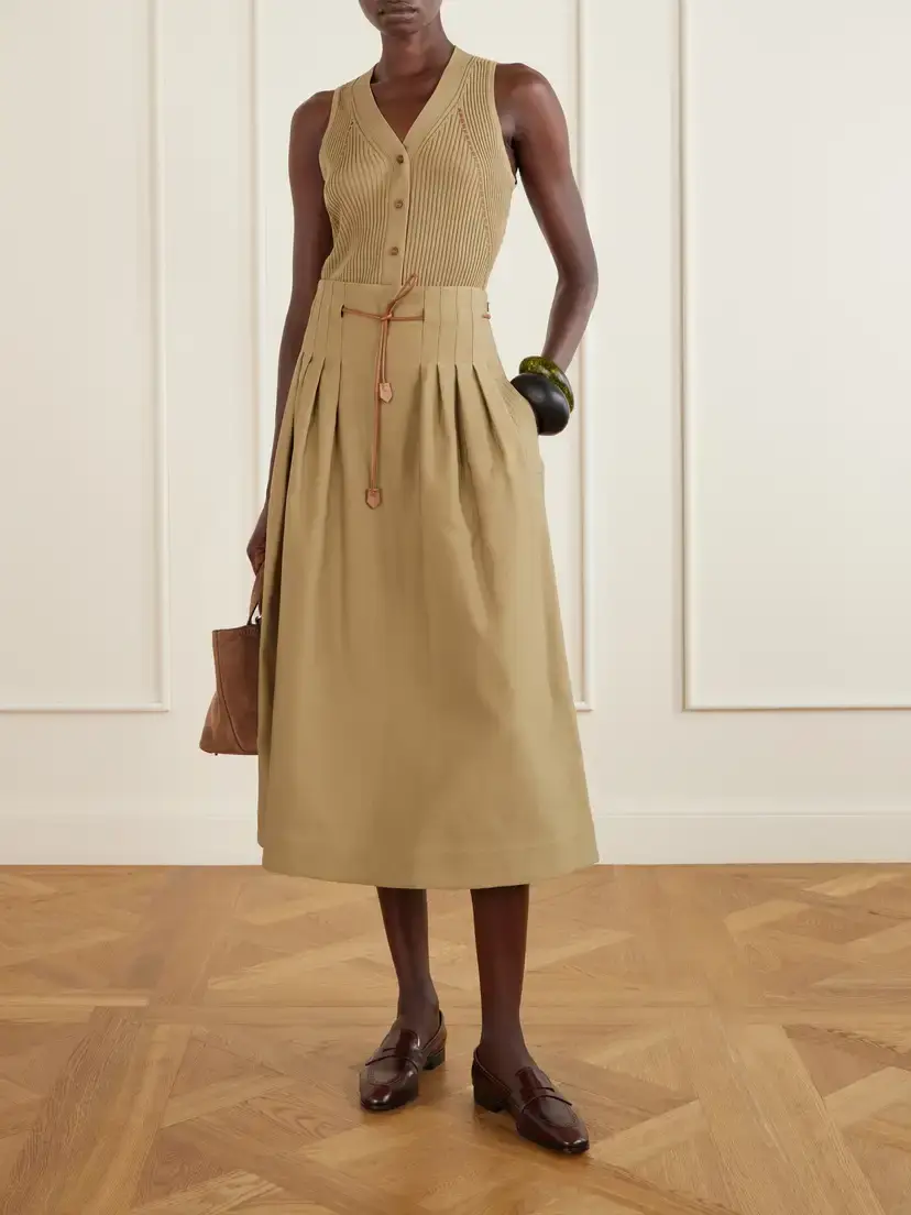 Max Mara Tempio Belted Pleated Leather-trimmed Cotton Midi Skirt | Thumbnail 2