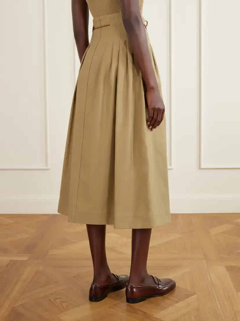 Max Mara Tempio Belted Pleated Leather-trimmed Cotton Midi Skirt | Thumbnail 3